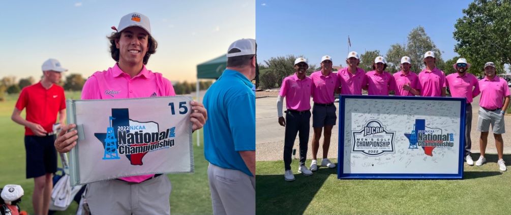Freshman Daniel Henely (Cienega HS) became the first Aztecs men's golfer to earn NJCAA All-American honors since 2016 after he finished the NJCAA Division I National Championship tied for 14th place with a four-day total of 289 (75-73-70-71). The Aztecs finished in 15th place as a team with a score of 1187 (308-300-285-294). It was Pima's best team finish since 2016. Photos courtesy of Landyn Lewis and Marcus Smith