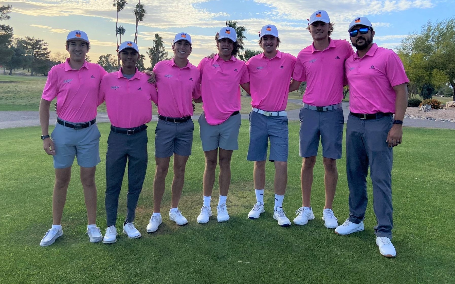 The Aztecs men's golf team finished third at the Paradise Valley Invitational on Tuesday with a two-day score of 584 (297-287). Freshmen Jay Shero (74-71-145) and Andrew Rivas (77-70-147) shot season-best rounds while Daniel Henely tied his season-best score with a 146 (71-75). The Aztecs compete at the NJCAA Region I, Division I Tournament in Sun City West, AZ on April 28-May 1. (Left to Right): Andrew Rivas, AJ Quihuis, Jay Shero, Daniel Henely, Tommy Rosenvall, Caleb Knight and Assistant Coach Landyn Lewis. Photo by Shonda Jones