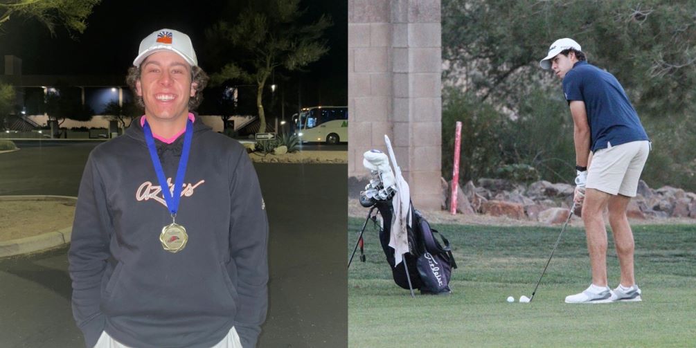 Aztecs men's golf freshman Daniel Henely (Cienega HS) became the first Pima men's golfer since 2016 to win a regular season individual championship after he took the top spot at the Mesa CC Invitational on Thursday. He shot a 5-under par 103 (68-35) as 27-holes counted to his score. The Aztecs finished in second place in the final team standings. Headshot photo courtesy of Marcus. Action photo by Stephanie van Latum