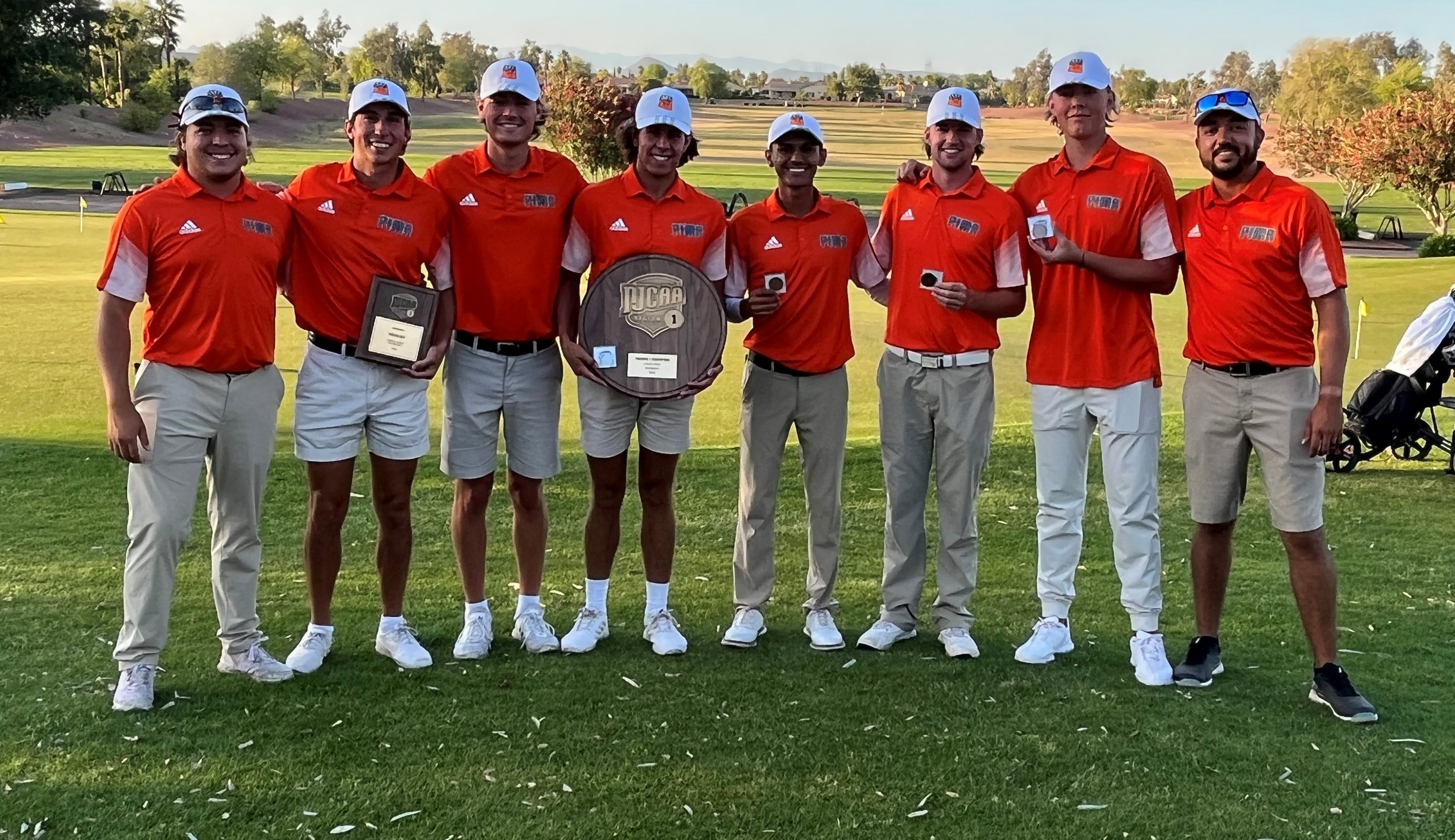 The Aztecs Men's Golf team captured the program's sixth NJCAA Region I, Division I Championship on Sunday at the Corte Bella Golf Course in Sun City West, AZ; the first for head coach Marcus Smith. The Aztecs took five of the seven spots in the All-Region Team. (Left To Right): Head Coach Marcus Smith, Jay Shero (Individual Champion), Caleb Knight, Daniel Henely (2nd place), AJ Quihuis (7th place), Tommy Rosenvall (6th place), Max Krueger (3rd place) and Assistant Coach Landyn Lewis/Photo by Raymond Suarez