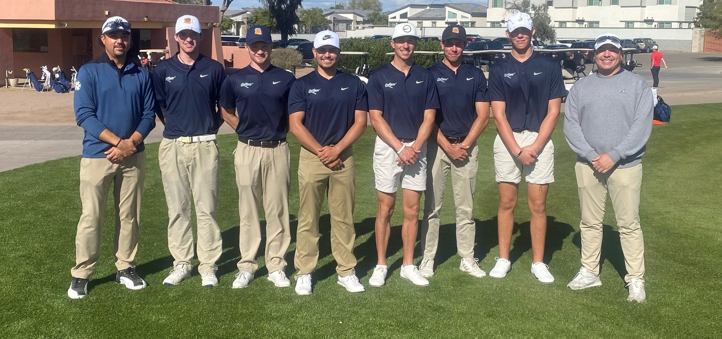 The Aztecs Men's Golf team tied for second place at the Chandler-Gilbert Invitational to open the 2023 season. Sophomore Daniel Henely (Cienega HS) tied for first place with an overall score of 134 (68-66). (Left to Right): Assistant Coach Landyn Lewis, Tommy Rosenvall, Herman Holst, RJ Wright, Jay Shero, Daniel Henely, Max Krueger and Head Coach Marcus Smith. Photo courtesy of Marcus Smith