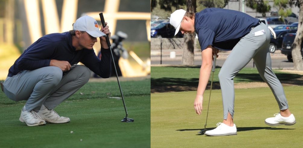 Sophomore Caleb Knight and Max Krueger (Salpointe Catholic HS) earned medals for their top five finishes at the Eastern Arizona College Invitational. Knight tied for third place finishing with a 2-under par 142 (73-69) and Krueger finished fifth with a 1-under par 143. The Aztecs took second place in the team standings. Photos by Raymond Suarez