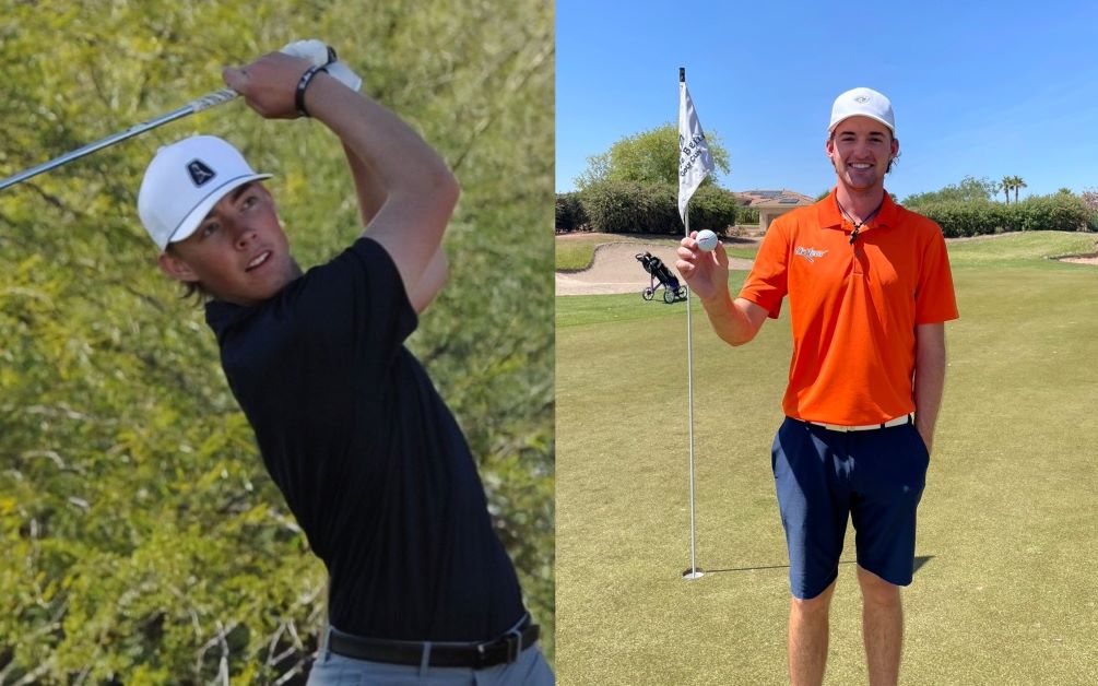 Sophomore Max Krueger (Salpointe Catholic HS) leads by 1-stroke after two rounds of play at the NJCAA Region I, Division I Championships. He has a two-day total of 146 (72-74) as Pima men's golf leads by 13-strokes in the team standings with a 594 (298-296). Sophomore Tommy Rosenvall sunk a hole-in-one on the 4th hole as he finished the day with a 77. Photos by Ray Suarez and Marcus Smith