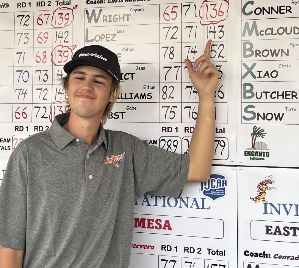 Freshman Caysen Wright took first place in the individual standings as he shot a two-day score of 136 (4-under par). He finished with a 5-under 65 in the first round and a 1-over par 71 in the final round of the Paradise Valley CC Invitational. The Aztecs finished fourth in the team standings. Photo courtesy of Chris Hubbard.