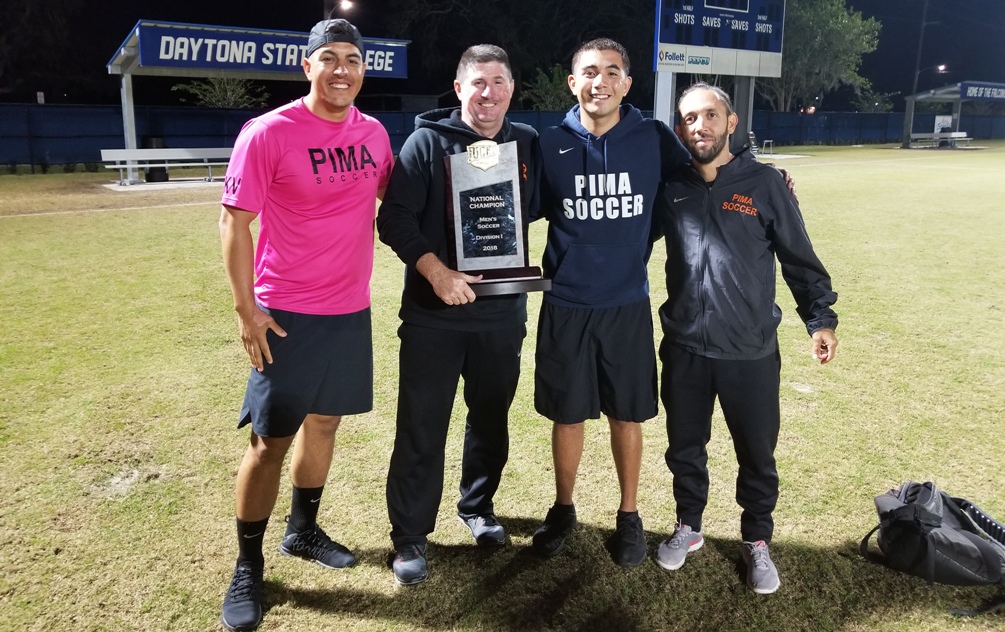The Pima Community College men's soccer staff (Alex Rangel, David Cosgrove, Gabe Mendoza and Javier Holguin) was named 2018 United Soccer Coaches Junior College Division I Staff of the Year on Friday. They led the Aztecs to their first NJCAA Division I national title and finished with a 26-2 record. Photo by Raymond Suarez