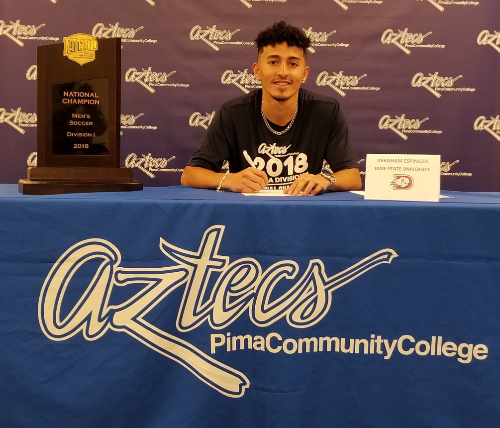 Men's soccer sophomore Abraham Espinoza (Saguaro HS) signed his letter of intent to Dixie State University in St. George, UT. The midfielder scored three goals with four assists as he started and played in 26 games. The Trailblazers move to NCAA Division I play starting next season. Photo by Raymond Suarez