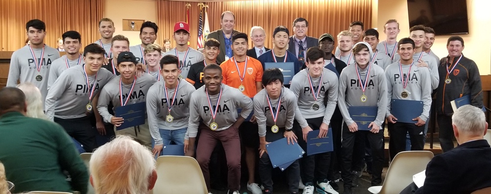 The Aztecs men's soccer team visited the Tucson City Council on Tuesday where Mayor Jonathan Rothschild declared Dec. 4 as "Aztecs Men's Soccer Day." The team was awarded medals and certificates of achievement. Photo by Raymond Suarez
