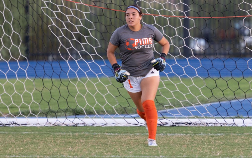 Freshman Adriana Pacheco (Cienega HS) finished the match with 13 saves but (3, Div. II) Aztecs Women's Soccer got shut out at (13, Div. I) Arizona Western College 2-0 on Tuesday in Yuma. The Aztecs close out the regular season at 12-2 overall and 9-2 in ACCAC conference play. The Aztecs will be the No. 2 seed in the NJCAA Region I, Division II Tournament and will host No. 3 Scottsdale next Wednesday, Oct. 26 at the West Campus Aztec Field. Photo by Stephanie van Latum