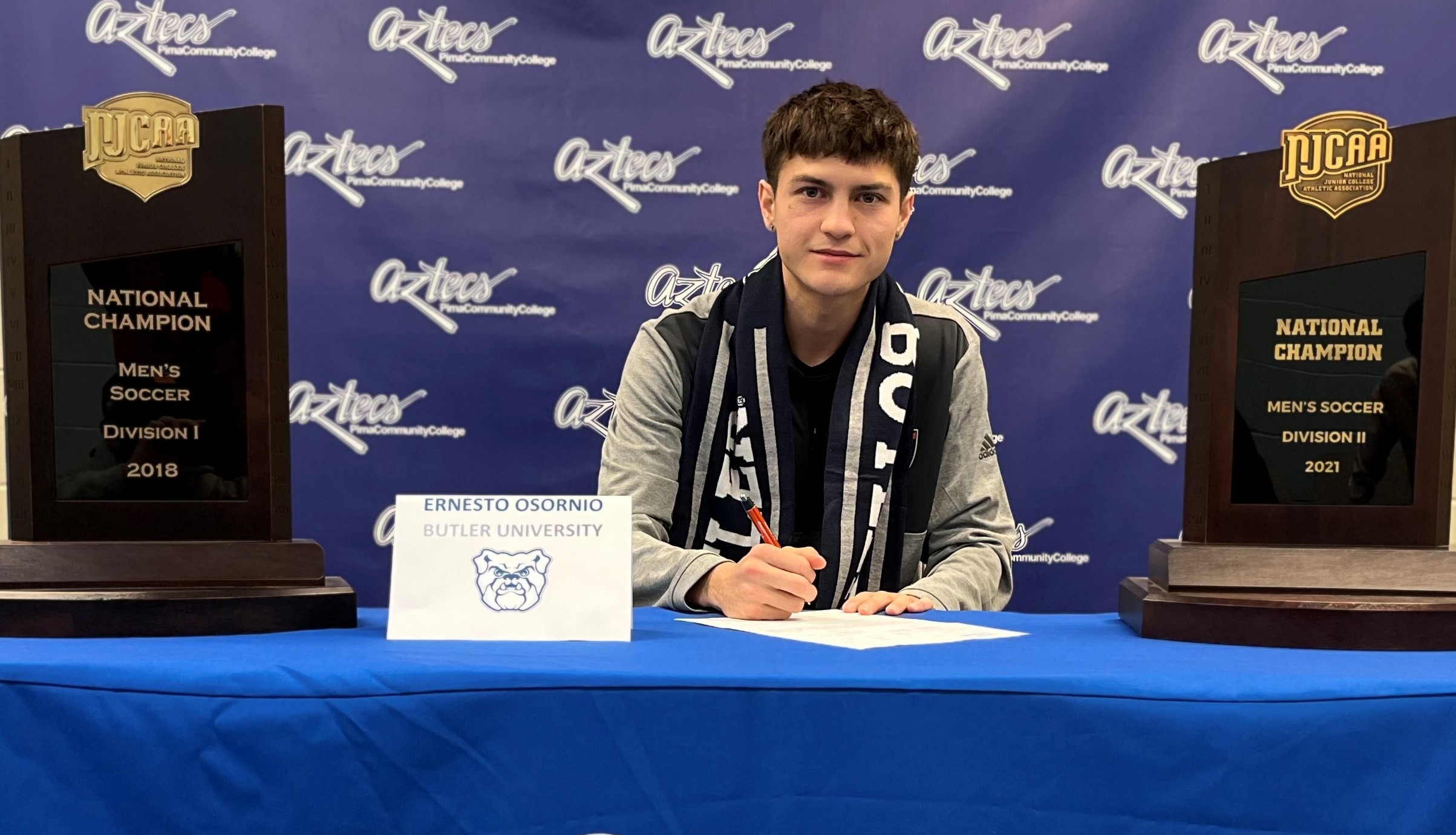 Sophomore forward/midfielder Ernesto Osornio (Ironwood HS) signed his letter of intent to continue his education and collegiate soccer career at Butler University, an NCAA Division I school in Indianapolis, Indiana. Osornio was a two-time NJCAA All-American and two-time All-ACCAC and All-Region I, Division II player at Pima (2022) and Phoenix College (2021). Photo by Raymond Suarez