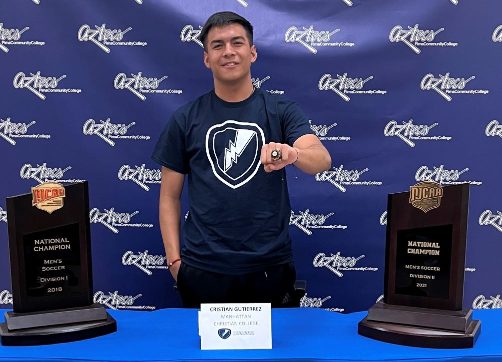 Sophomore midfielder Cristian Gutierrez (Cholla HS) committed to Manhattan Christian College, an NCCAA school in Manhattan, Kansas. Gutierrez scored eight goals in 25 games played and made the go-ahead penalty kick in the 2021 National Championship game. Photo by Raymond Suarez