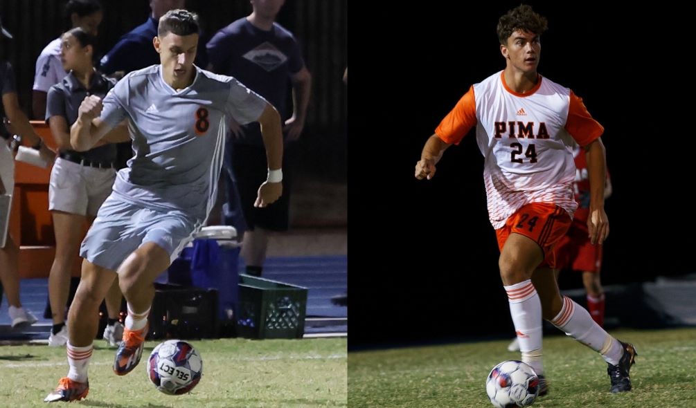 Freshman Jose Luis Martin Montealegre scored two goals while sophomore Daniel Ehler (Marana HS) netted a goal as No. 2 Pima Men's Soccer beat Eastern Arizona College 3-0 in their final regular season road game. The Aztecs are 11-2 overall and 8-2 in ACCAC conference play. Photos by Stephanie van Latum and Danielle Main