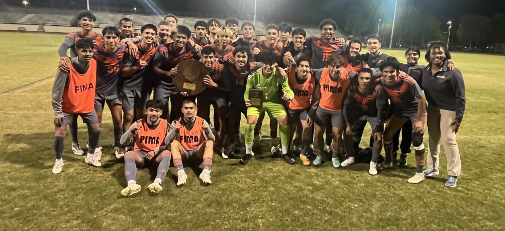 The Pima Aztecs Men's Soccer team captured its first Region I, Division II Championship since 2020-21 after the No. 2 seeded Aztecs defeated No. 1 Phoenix College 1-0 in overtime. Freshman Robert Castaneda scored the golden goal in the 99th minute and sophomore Jose Carlos Ortiz (Barca Academy) was named the game's Most Valuable Player after he finished with seven saves. Photo by Raymond Suarez