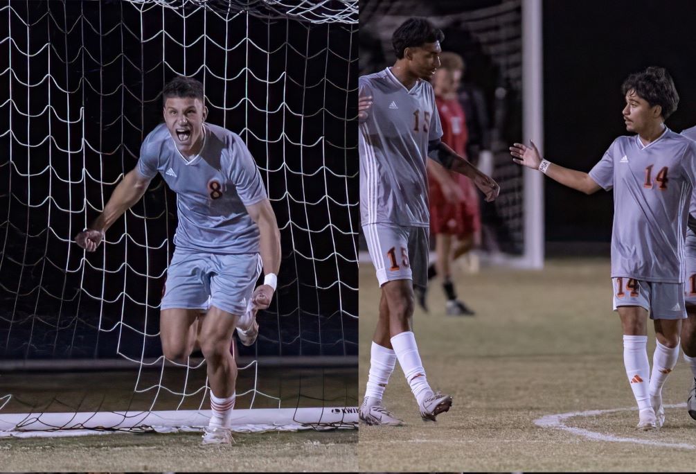 Sophomores Jose Luis Martin Montealegre (#8) and Missael Montilla (#14) scored two early goals in the first half and proved to be enough as the No. 2 seeded Aztecs defeated No. 3 Glendale Community college 2-0 in the Region I, Division II Semifinals. The Aztecs will play at No. 1 Phoenix College on Tuesday in the Region I Finals at 6:00 p.m. Photos by Stephanie van Latum