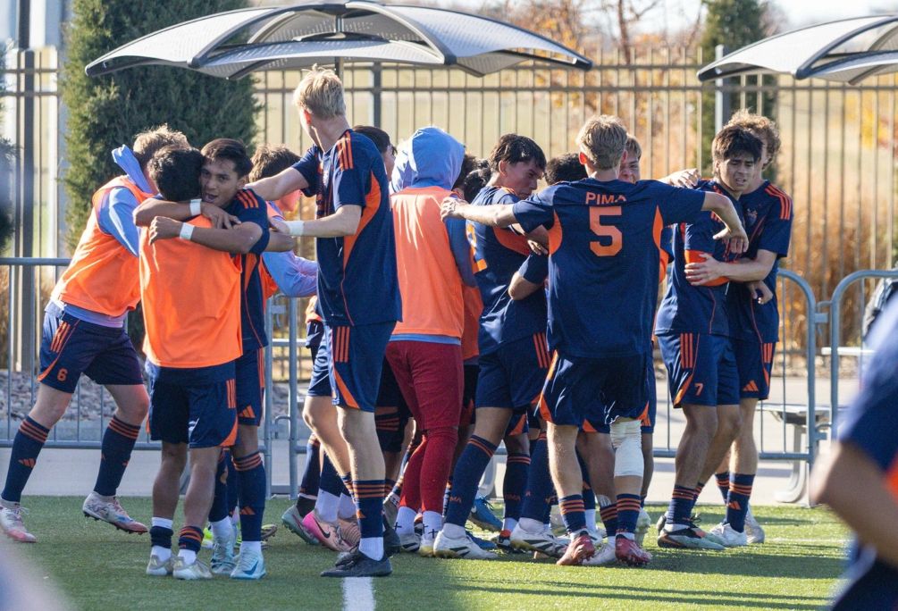 The No. 7 seed Aztecs Men's Soccer team celebrates after a goal as they upset No. 2 seed Iowa Lakes Community College 2-0 to advance out of Pool B and will play in the NJCAA Division II Tournament semifinal round. They will face off against No. 1 seed Phoenix College on Thursday. Photo courtesy of the NJCAA