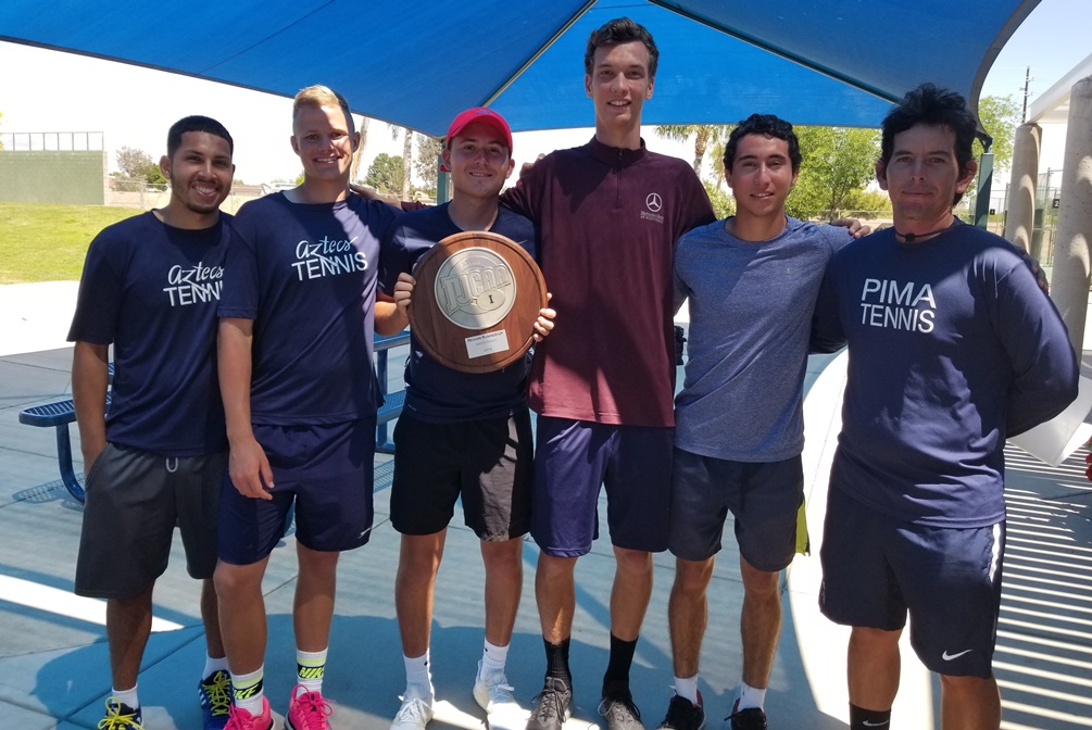 The Aztecs men's tennis team tied for second place at the NJCAA Region I Championships. The Aztecs and Glendale Community College each finished with four points. The Aztecs qualified for the NJCAA Division I National Championship at the Jim Reffkin Tennis Center from May 13-17. (Left to right): Edgar Franco, Darin Trejo, Beau Boyer, Chris McDaniels, Oscar Aguilera, coach Ian Esquer/Photo by Raymond Suarez