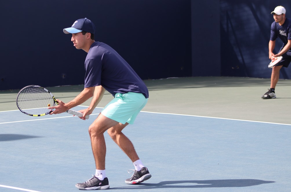 Freshmen Oscar Aguilera (foreground) and Edgar Franco earned three of Pima's five wins on the day in singles and doubles competition as the Aztecs beat Glendale Community College 5-4. The Aztecs evened up their record at 1-1. Photo by Stephanie Van Latum
