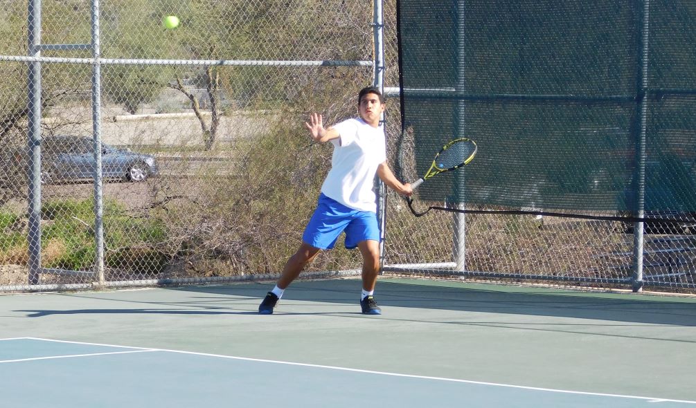 Freshman Pablo Acuna earned victories in singles and doubles play. He beat Saarang Phadnis at No. 1 singles 6-1, 6-0 and with No. 1 doubles partner Mason Lee, defeated Phadnis and Emilio Alvarado 9-8 (7-3). the Aztecs beat No. 17 Mesa 7-2. Photo by Raymond Suarez