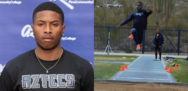 Sophomore Mikhail Browne earned two first place finishes in the long jump (23-feet, 4.75-inches) and triple jump (48-5.50) at the Mesa Outdoor Invitational. Photos by Stephanie Van Latum and Raymond Suarez