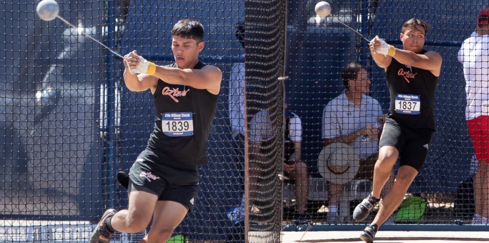 Freshman Forrest Waller (Palo Verde HS) and sophomore Ad5rian Teso were two of the five Aztecs who set personal-records at the Mesa Invitational on Friday. Waller earned second place in the Javelin with a throw of 158-feet, 6-inches and Teso set his personal-best in the Hammer Throw at 146-7. Photos by Stephanie van Latum