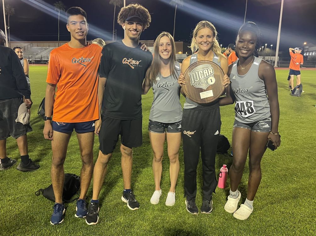 The Aztecs Men's Track & Field took third place in the final team standings and claimed two NJCAA Region I titles. The Aztecs took home six region crowns total. (Left to Right): Emmanuel corral (3,000 meter steeplechase), Donovan Henderson (Long Jump), Jaida Olson (Pole Vault), Eliza Littlewood (Heptathlon, High Jump) and Fatmata Conteh (100 meter hurdles). Photo by Raymond Suarez