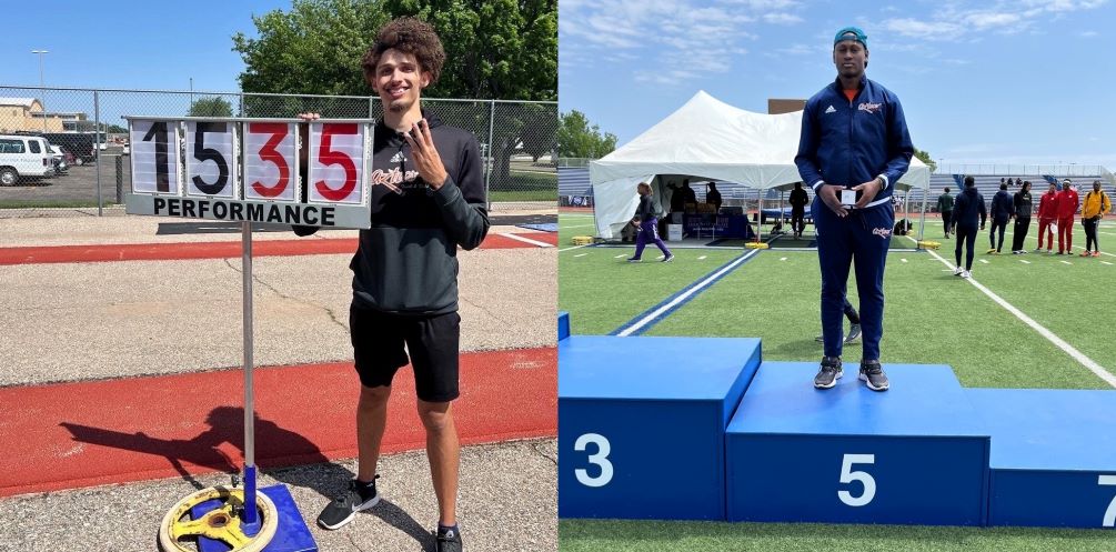 Sophomores Donovan Henderson and Joshua Bowen earned NJCAA All-American honors in the final day of the NJCAA Division I National Championships. Donovan took third in the triple jump and earned a personal-best jump of 15.35 meters (50-4.50). Bowen finished fifth in the Javelin at 53.91 meters (176-10). The Aztecs tied for 17th place with 18 points. Photos by Raymond Suarez