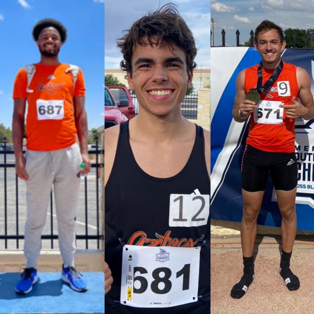 Three Aztecs Men's Track & Field athletes earned NJCAA All-American honors after the second day of the Division I National Championships: sophomore Trey Tintinger took third place in the High Jump with a mark of 2.10 meters (6-10.75). Freshman Johnathon Lane (Walden Grove HS) took sixth in the 3,000 meter steeplechase (9:41.55) and freshman Dillon Arvayo (Mountain View HS) placed eighth in the Decathlon (5656 points). Photos courtesy of Chad Harrison and Mark Bennett