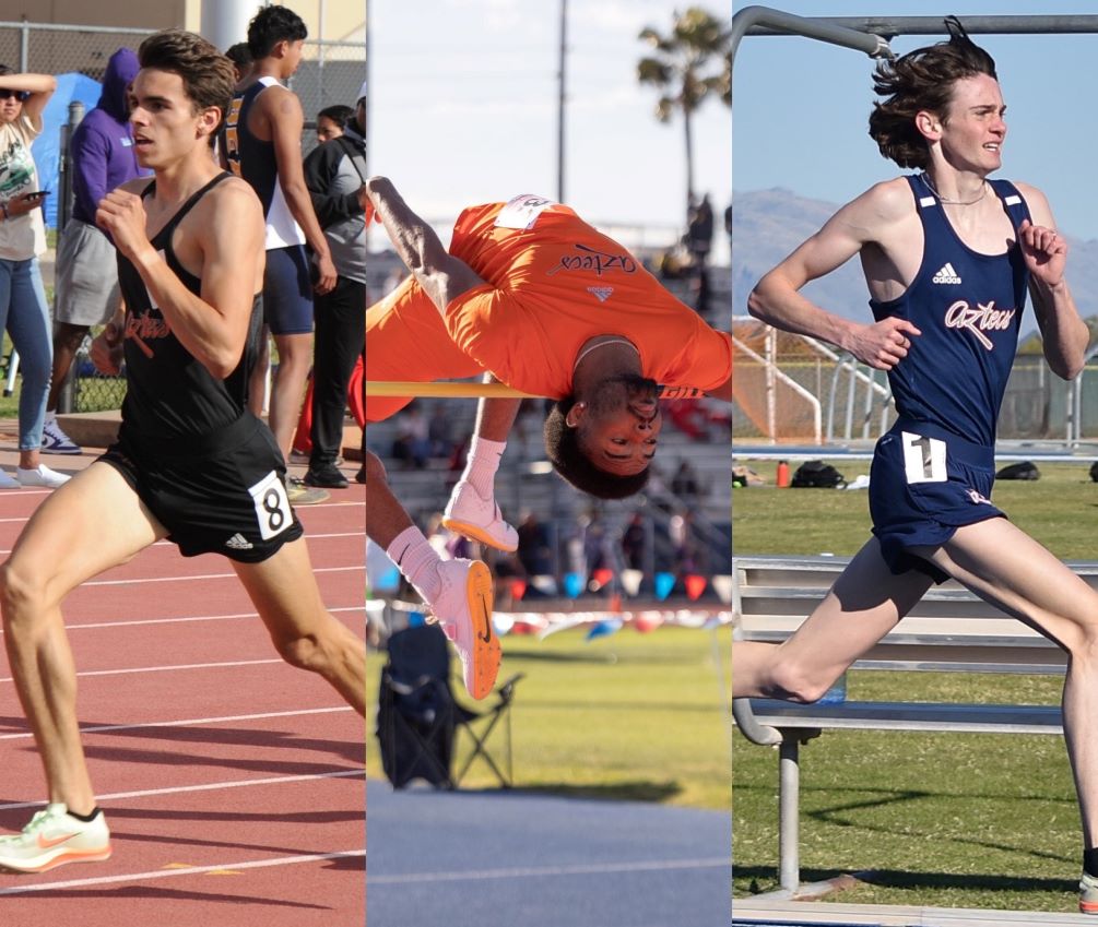 Freshman Johnathon Lane (Walden Grove HS) earned a national qualifier in the 1,500 meter race (3:59.92) while sophomores Trey Tintinger (High Jump) and Joel Gardner (1,500 meters) improved their qualifying marks at the ACCAC Conference Championships. The Aztecs took second place and had 10 events where they produced an All-ACCAC athlete. Photos by Ray Suarez, Stephanie van Latum and Ben Carbajal
