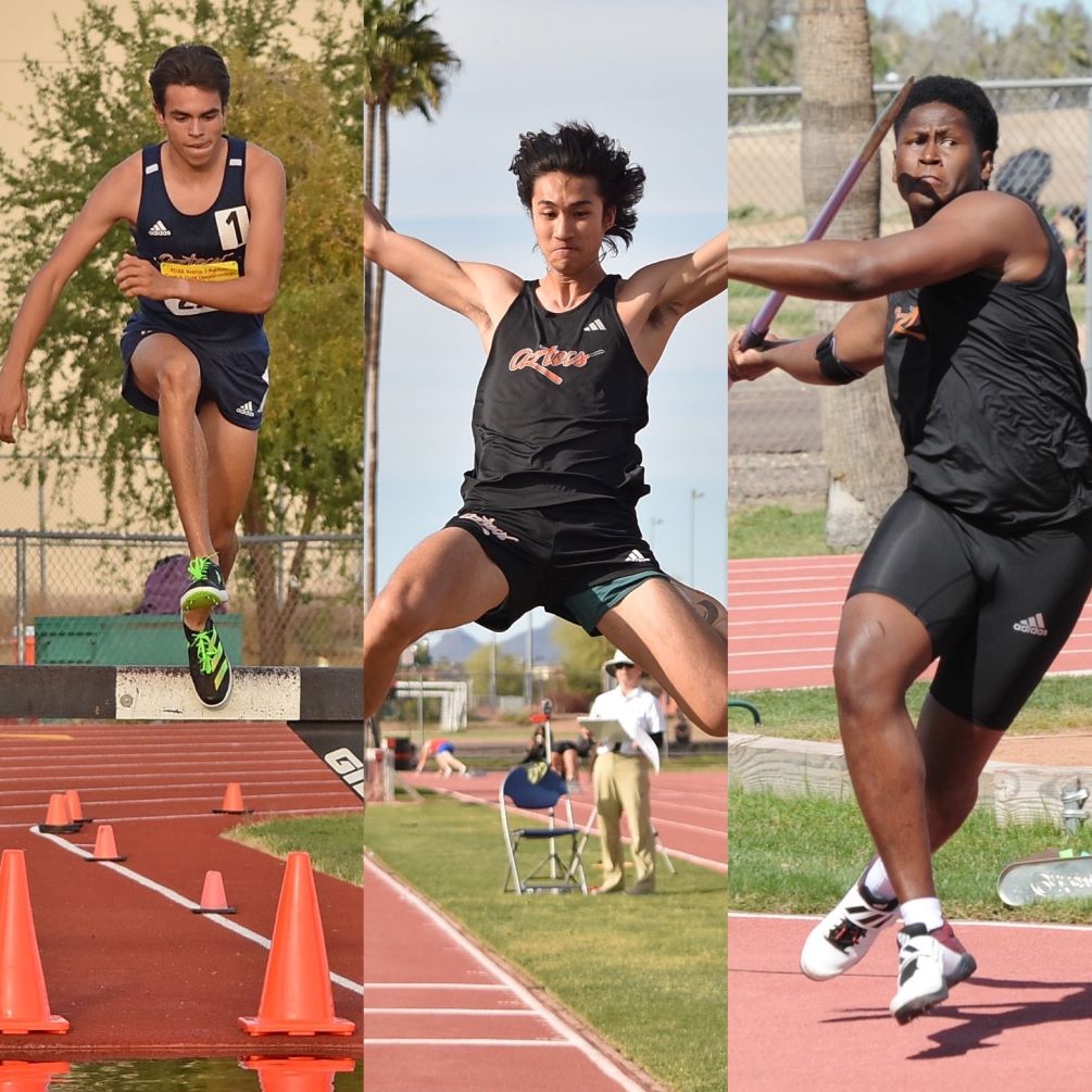 Freshmen Johnathon Lane (3,000 steeplechase), Jett Jue (Long Jump) and sophomore Joshua Bowen (Javelin) captured Region I titles in the first day of the NJCAA Region I Championships. The Aztecs hold first place in the team standings with 104 points. Competition continues and concludes on Thursday at Mesa Community College. Photos by Ben Carbajal and Raymond Suarez