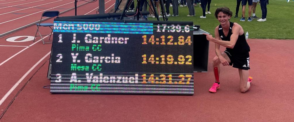 Sophomore distance runner Joel Gardner (Ironwood Ridge HS) broke the Pima School Record in the 5,000-meter race at the Triton Invitational after he took first place with a time of 14:12.84. The previous record was set in 2008 by Craig Curley, who had a time of 14:23.30. Photo courtesy of Connor Deakin