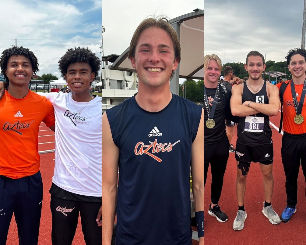 The Aztecs men's track & field team sits in the top 10 in the team standings with a total of 18.5 points. Freshmen High Jumpers Tyler Rogers (T-4th) and Nathaniel Curtiss (3rd) earned a total of 9.5 points in the event. Freshman Adam McCoy took 5th in the Pole Vault and Broden Cahoon (8th) and Jacob Acedo (7th) earned points in the Decathlon. Photos courtesy of Chad Harrison.