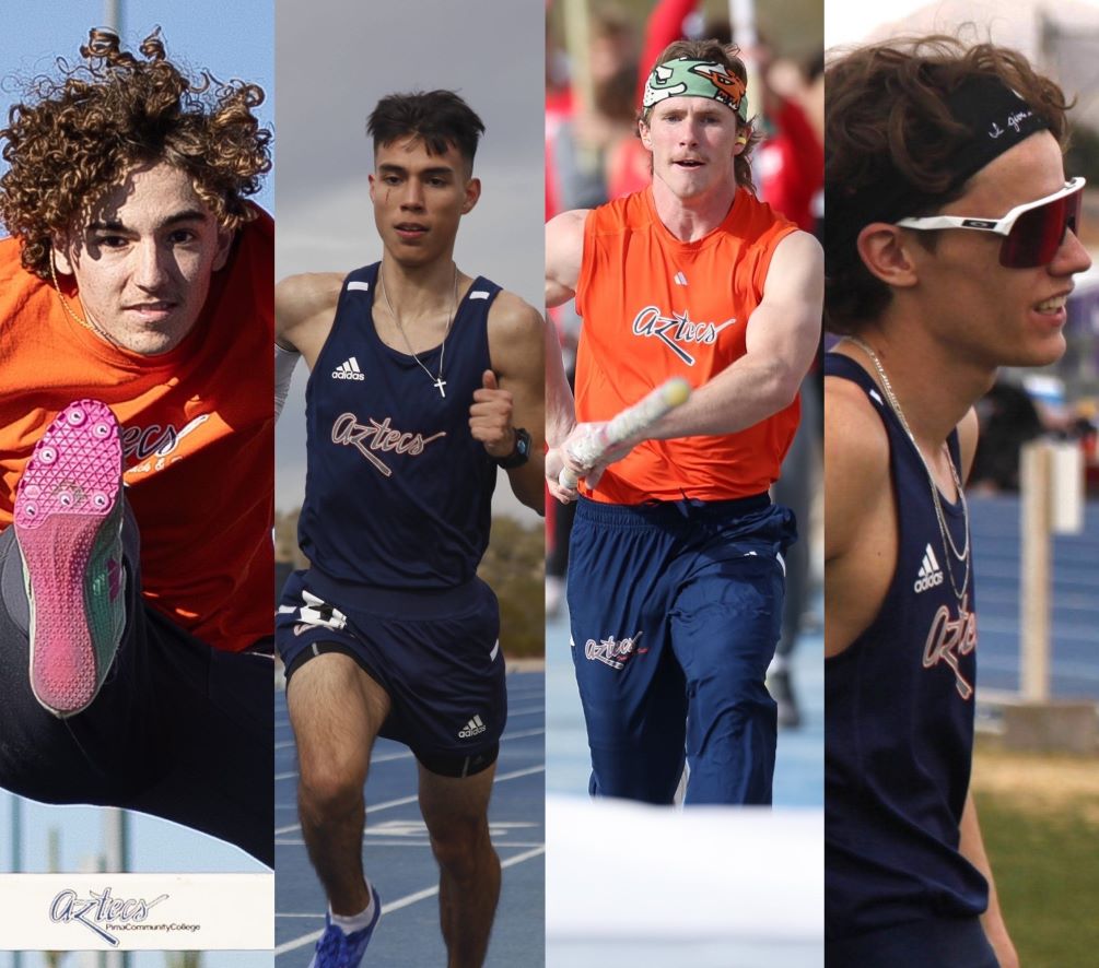 Sophomores Nicholas Patterson (60m hurdles) and Abraham Valenzuela (one-mile) broke Pima indoor school records while freshman Kolby Lewis (Pole Vault) and sophomore Wyatt Preble (800m) set NJCAA national qualifying marks at the NAU Tune-Up. Photos by Stephanie van Latum and Chalen Lozano.