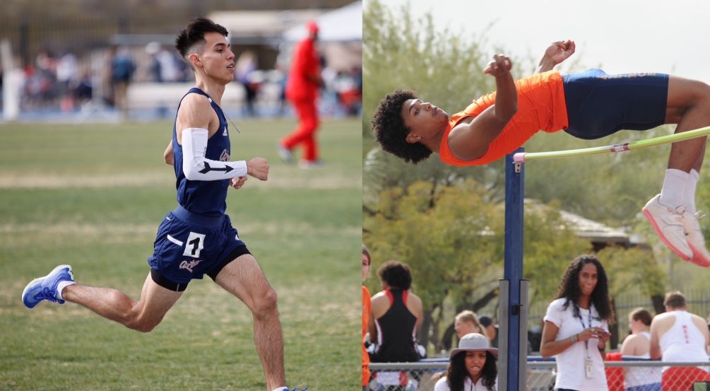 Sophomore Abraham Valenzuela (Palo Verde HS) broke a Pima school record and set a national qualifying time, finishing the One-Mile race with a time of 4:12.94. Freshman Tyler Rogers earned a national qualifying mark in the High Jump (2.09 meters, 6-10.25). The Aztecs set 10 national qualifying marks total. Photos by Stephanie van Latum and Ray Suarez