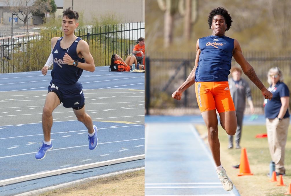 Sophomore Abraham Valenzuela set a qualifier in the 5,000 meters with a time of 14:23.24 while fellow sophomore Jacques Jones improved on a previously set qualifier in the Long Jump with a leap of 7.63 meters (25-0.5). Photos by Ray Suarez and Stephanie van Latum