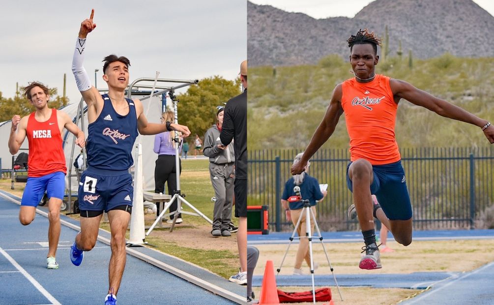 Sophomore Abraham Valenzuela (Palo Verde HS) set two new NJCAA Indoor national qualifying times in the 800 meters (1:53.80) and as part of the Distance Medley Relay team (10:14.80). Freshman Darlington Onsarigo set his qualifier in the Triple Jump. The Aztecs have a total of 16 national qualifiers in three meets. Photos by Ben Carbajal