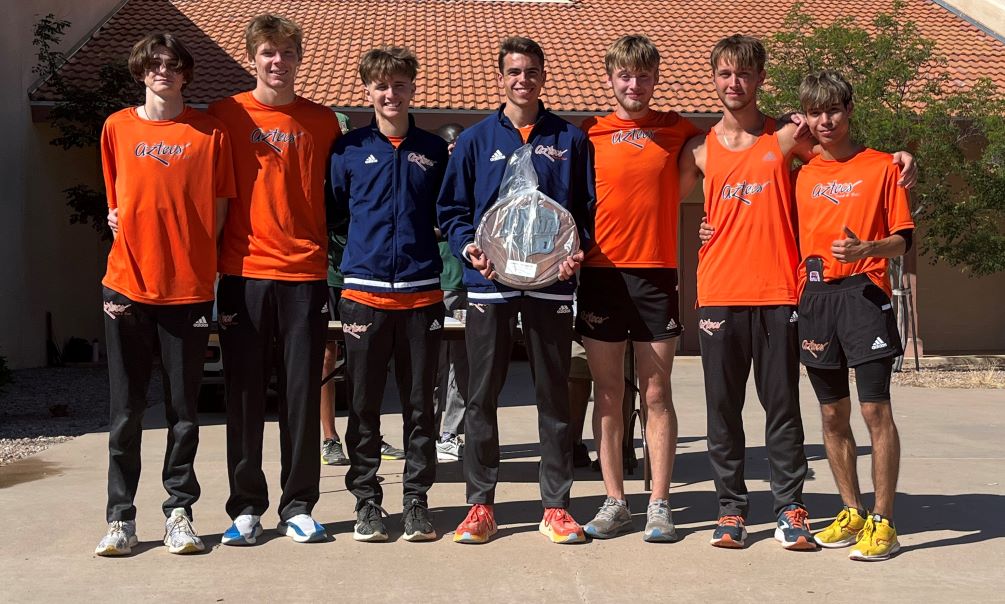The Aztecs Men's Cross Country team took second place in NJCAA Region I, Division I (45 points) and fourth place in the ACCAC conference (114 points). (Left to right): Joel Gardner, Justin VanDeberg, Russell Bauer-Woodman, Johnathon Lane, Donny Speas, Nathan Plant and Abraham Valenzuela all earned All-Region I, Division I. Photo by Raymond Suarez