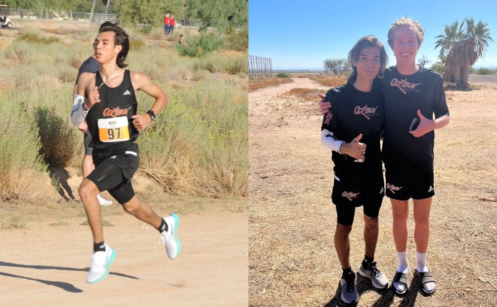 Sophomore Abraham Valenzuela (Palo Verde HS) claimed second place during the 8K (4.97 mile) race with a time of 24:55.0 and earned First Team All-ACCAC conference while freshman Declan Jorgenson (Ironwood Ridge HS) finished 10th at 25:46.0 and earned Second Team All-Conference. The Aztecs finished fourth with 87 points. Photos by Raymond Suarez