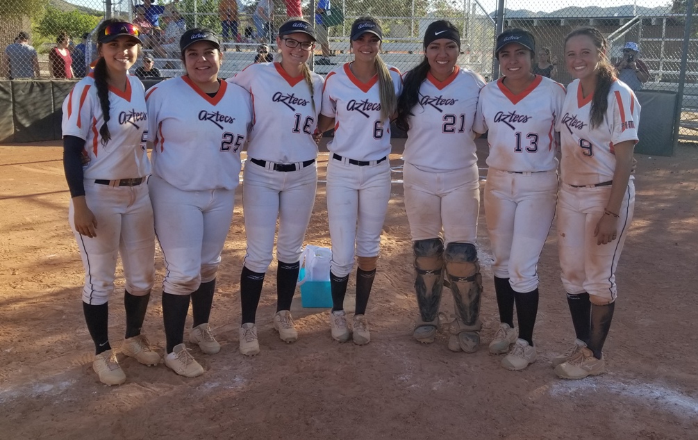 The Aztecs softball team recognized their six sophomores after sweeping Mesa Community College and earning the final spot in the NJCAA Region I, Division I Tournament next week in Yuma. They finished the regular season at 29-26 overall and 25-23 in ACCAC conference play. (Left to right): Jessica Lozania, Maria Vanezza Caldera, Devynn Marshall, Ariana Gomez, Alizea Durazo-Corday, Janice Garcia and Alese Casper/Photo by Raymond Suarez