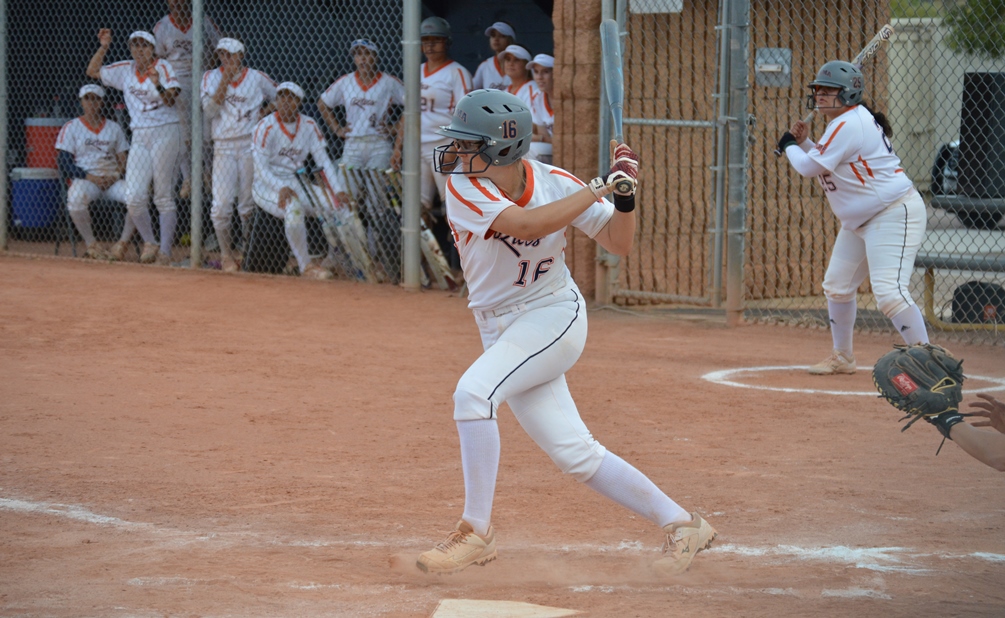 Sophomore Devynn Marshall (Shadow Ridge HS) hit the eventual game-winning home run in the 6th inning as she finished the day 4 for 6 at the plate. The Aztecs split with No. 11 Yavapai College and are now 27-26 overall and 23-23 in ACCAC play. Photo by Gabe Mendoza