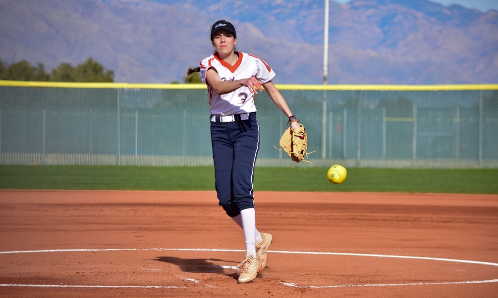 Freshman Abril Nerey (Rio Rico HS) pitched five innings giving up one run (one earned) on eight hits with five strikeouts and no walks on 71 pitches as the Aztecs swept Scottsdale Community College. The Aztecs have won four straight and eight of their last 10 games. They are now 23-20 overall and 19-17 in ACCAC conference play. Photo by Ben Carbajal.