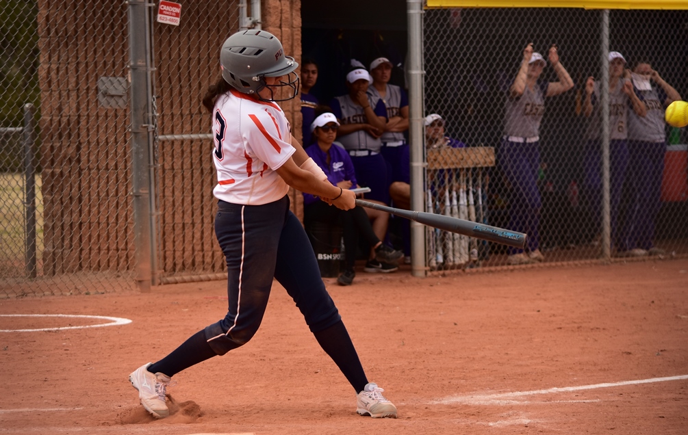 Sophomore Janice Garcia (Rio Rico HS) had a two-run RBI single and finished 3 for 4 with two RBIs and three runs scored in Pima's elimination game victory. The Aztecs upset No. 2 seed Yavapai College to stay alive in the NJCAA Region I, Division I Tournament. The Aztecs must run the table on Saturday to claim the region crown. Their first game is at 10:00 a.m. Photo by Ben Carbajal