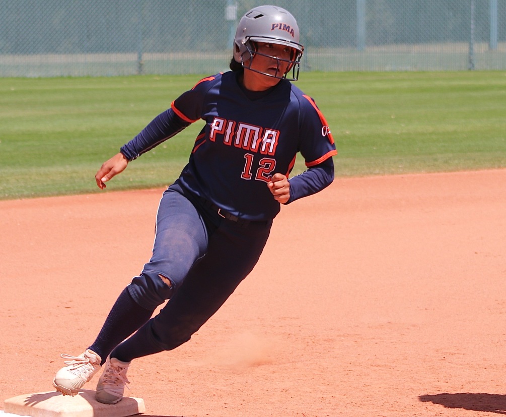 Freshman Amaya Turner-Vizcarra (Tucson HS) hit a go-ahead three-run home run to put the Aztecs softball team up for good in the second game. She finished 4 for 4 with three RBIs and two runs scored as the Aztecs earned a sweep at GateWay Community College. They improved to 21-20 overall and 17-17 in ACCAC conference play. Photo by Stephanie Van Latum