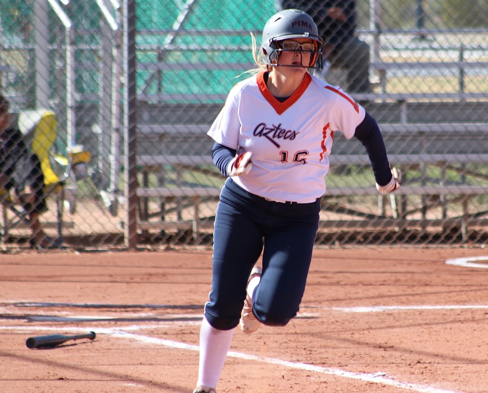 Sophomore Devynn Marshall (Shadow Ridge HS) finished the day 7 for 10 with four RBIs and four runs scored. She was 5 for 5 in the first game as the Aztecs softball team swept Chandler-Gilbert Community College. The Aztecs are now 17-18 overall and 13-15 in ACCAC conference play. Photo by Stephanie Van Latum