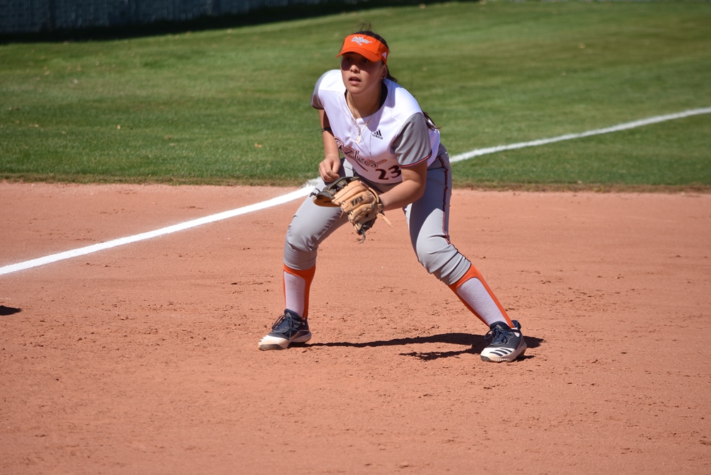 Freshman Isabella Escobar went 3 for 4 with three RBIs in the second game but the Aztecs softball team dropped two games to Central Arizona College 1-0 and 8-4. The Aztecs fell to 8-7 overall and in ACCAC conference play. Photo by Ben Carbajal
