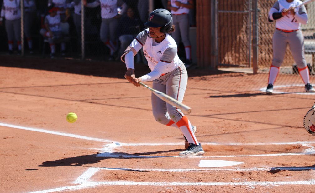 Sophomore Amaya Turner-Vizcarra (Tucson HS) finished 4 for 7 with an RBI, a run and two doubles as the Aztecs softball team split an ACCAC doubleheader at Eastern Arizona College winning 3-2 and falling 6-0. The Aztecs are now 9-8 overall and in ACCAC conference play. Photo by Stephanie Van Latum