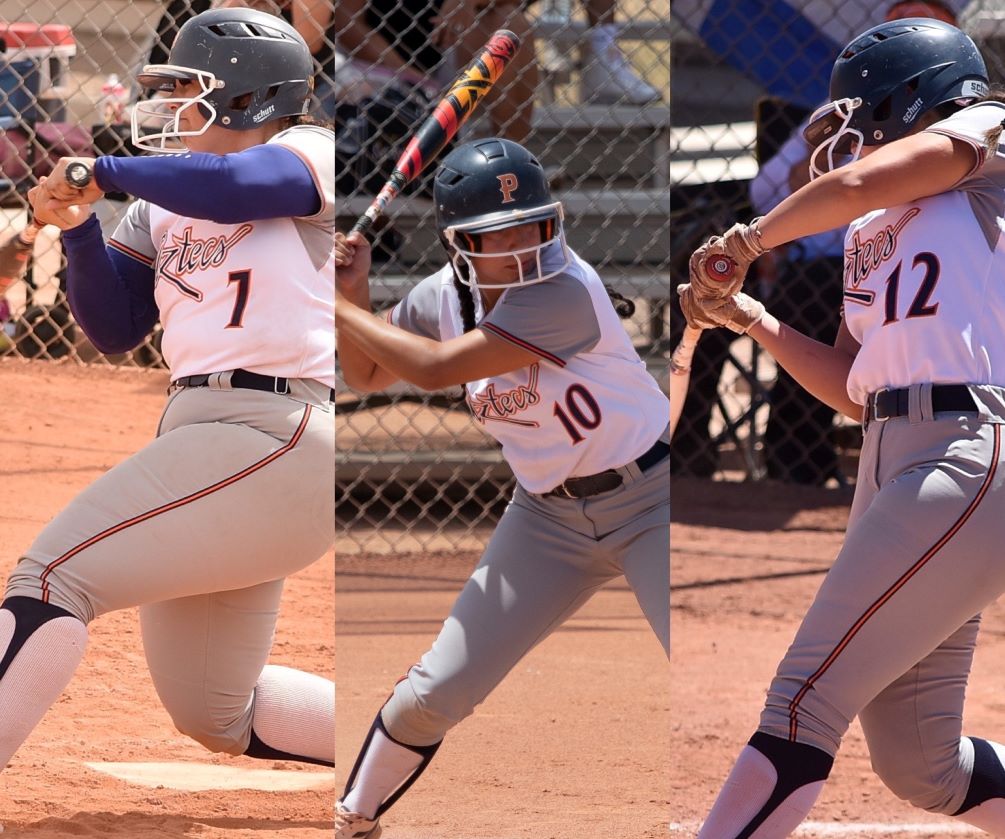 Freshmen Alejandra Castro, Stephanie Tapia (Cibola HS) and Mia Casadei (Tanque Verde HS) combined to go 18 for 24 (.750) with seven home runs, 21 RBIs and 16 runs scored as Aztecs softball swept Paradise Valley Community College on Tuesday in Phoenix. The Aztecs are 19-23 on the season. Photos by Ben Carbajal and Stephanie van Latum