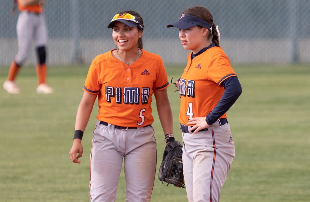 Freshmen Camila Zepeda (#4) and Mina Chacon (#5) led the Pima offensive attack as the Aztecs swept Yavapai College winning 10-1 and 25-15. Both games ended after six innings. Zepeda went 4 for 8 with 11 RBIs and five runs scored while Chacon was 5 for 8 with eight RBIs and three runs scored. The Aztecs improved to 25-16 overall and 21-11 in ACCAC conference play. Photo by Stephanie van Latum