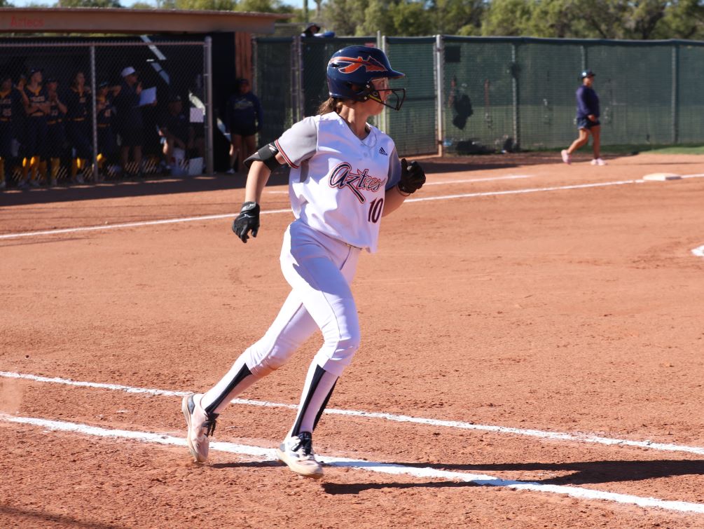 Aubrey Marx finished the day 4 for 7 with six RBIs, four runs scored and two doubles as the Aztecs Softball team swept Miles Community College 12-3 and 17-4 as part of the TIG Invitational at Lincoln Park. The Aztecs are now 11-8 overall. Photo by Steve Escobar