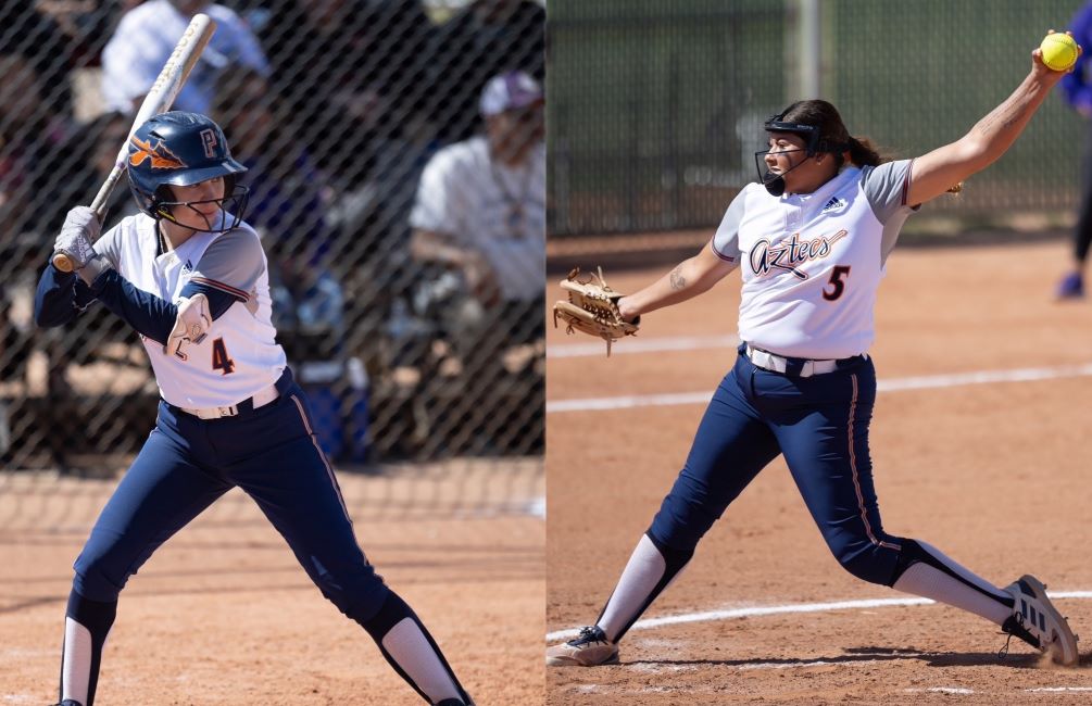Sophomore Camila Zepeda (Tucson Magnet HS) closed out the day going 4 for 6 with eight RBIs, two runs scored and two home runs while freshman Jazmyne Waddell (San Manuel HS) pitched a complete-game shutout, giving up five hits with seven strikeouts and two walks as the Aztecs won their 10th straight game after sweeping Eastern Arizona College. The Aztecs are 19-8 overall and 6-2 in ACCAC conference play. Photos by Stephanie van Latum