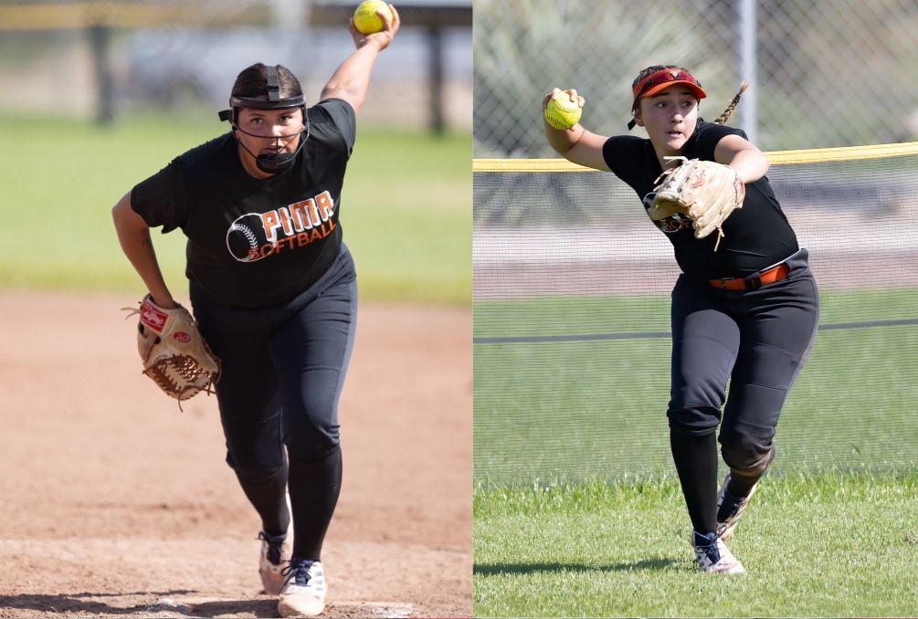 Freshman Jazmyne Waddell (San Manuel HS) threw a complete-game, giving up one run (one earned) on eight hits with seven strikeouts and one walk while freshman Alyssa Lopez (Sunnyside HS) finished the day 2 for 5 with an RBI and four runs scored as the Aztecs softball team swept Dawson Community College 5-1 and 10-0. The Aztecs have won eight straight and are now 17-8 overall. Photos by Stephanie van Latum