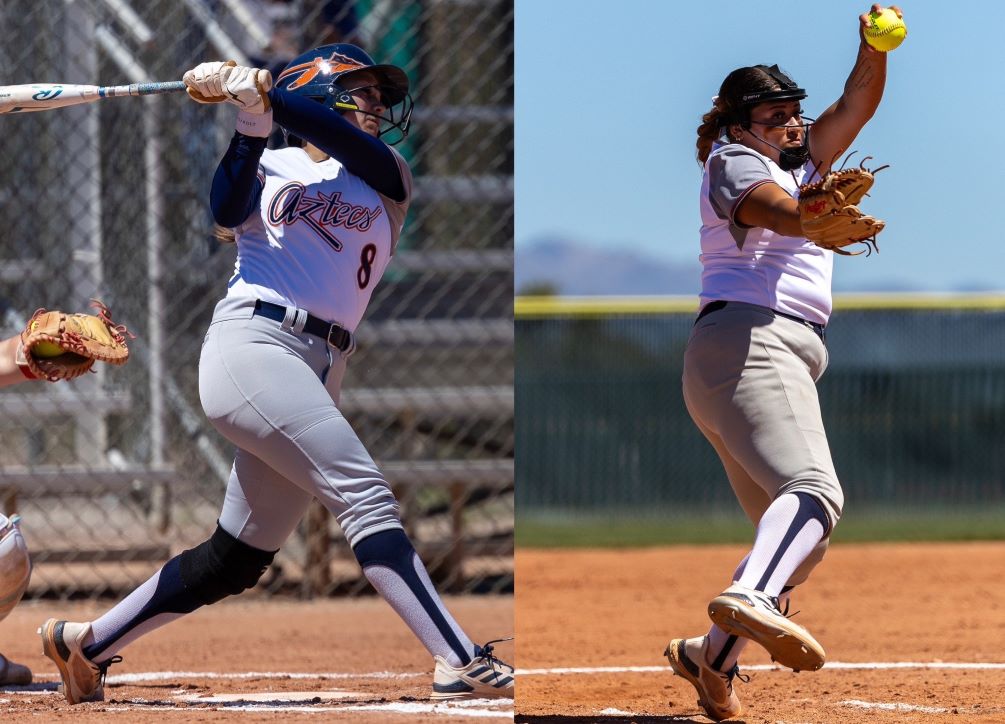 Freshman Talia Martin (Mountain view HS) hit .467 with eight runs scored to earn ACCAC Division I Player of the Week while fellow freshman Jazmyne Waddell (San Manuel HS) pitched 11.1 innings, producing a five-inning 1-hit shutout in the process as she took home her third ACCAC Division I Pitcher of the Week award. Photos by Gilbert Alcaraz
